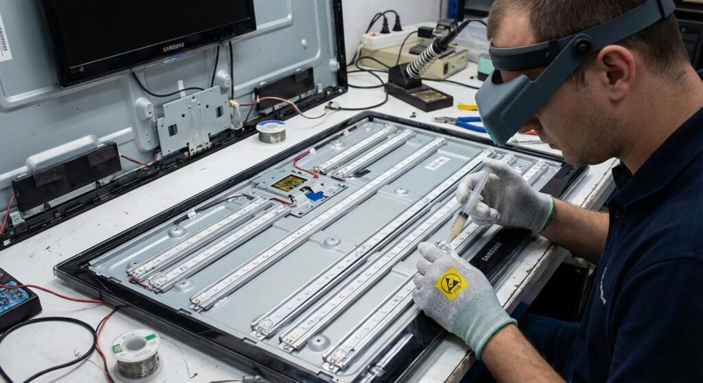 Tache lumineuse sur écran TV Samsung : Causes et solutions de réparation 3 Technicien réparant les rampes LED et recollant une lentille de diffusion à l'intérieur d'un téléviseur écran plat