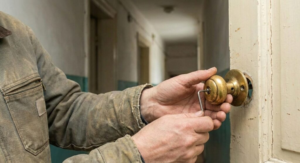 Utilisation d'une petite clé Allen pour resserrer la vis pointeau sous la poignée