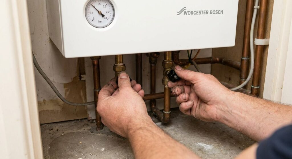 Mains manipulant les deux petits robinets noirs situés sous une chaudière pour ajuster le niveau d'eau