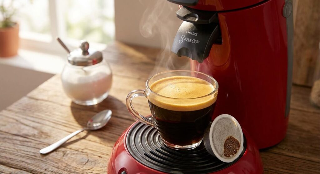 Une tasse de café fraîchement coulé avec une machine Senseo arborant une mousse onctueuse et dorée.