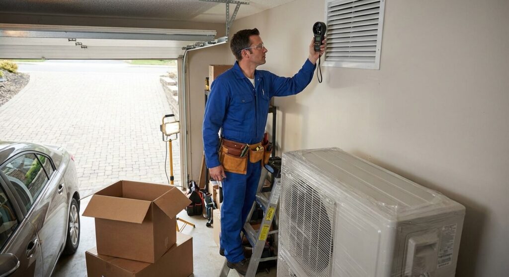 Installer une unité extérieure de clim dans un garage : Bonne ou mauvaise idée ? 3 Installateur frigoriste vérifiant la ventilation d'un garage avant la pose d'une pompe à chaleur