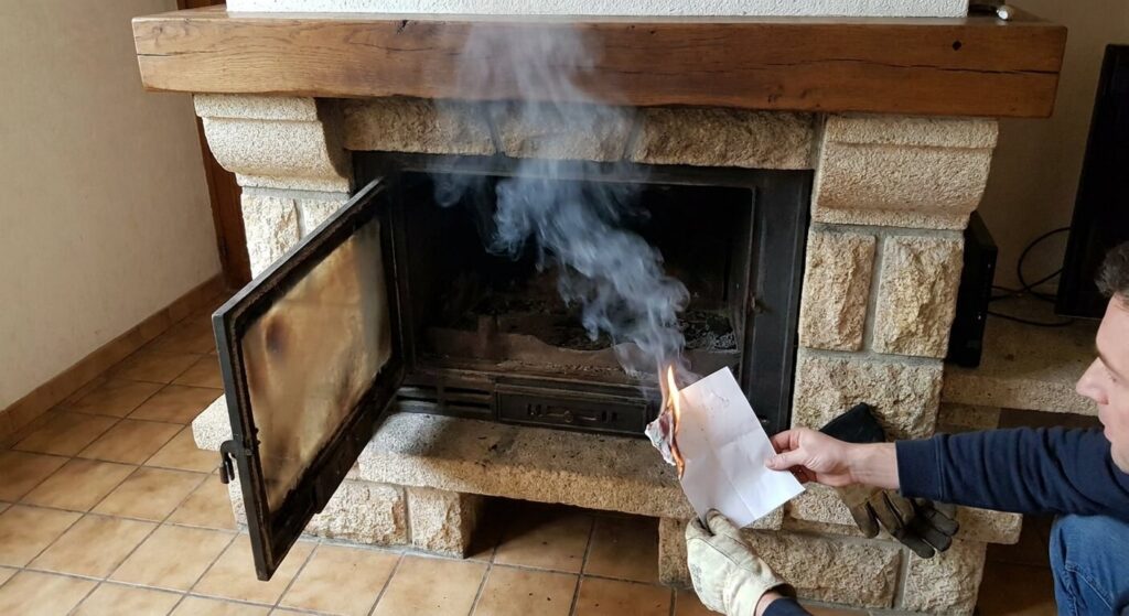 Test de tirage d'une cheminée montrant le flux d'air aspiré vers le conduit de fumée