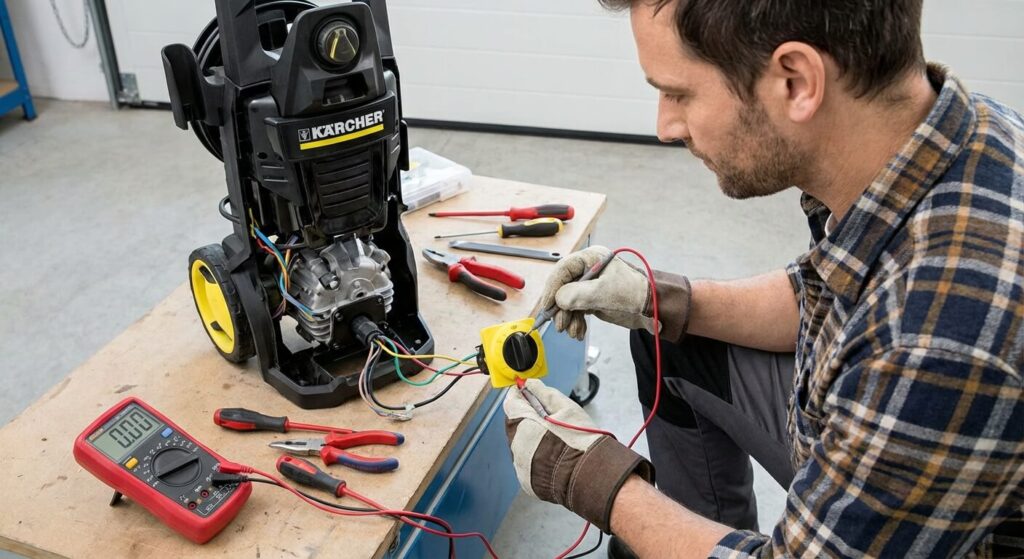 Bricoleur utilisant un multimètre pour tester la continuité électrique de l'interrupteur d'un nettoyeur