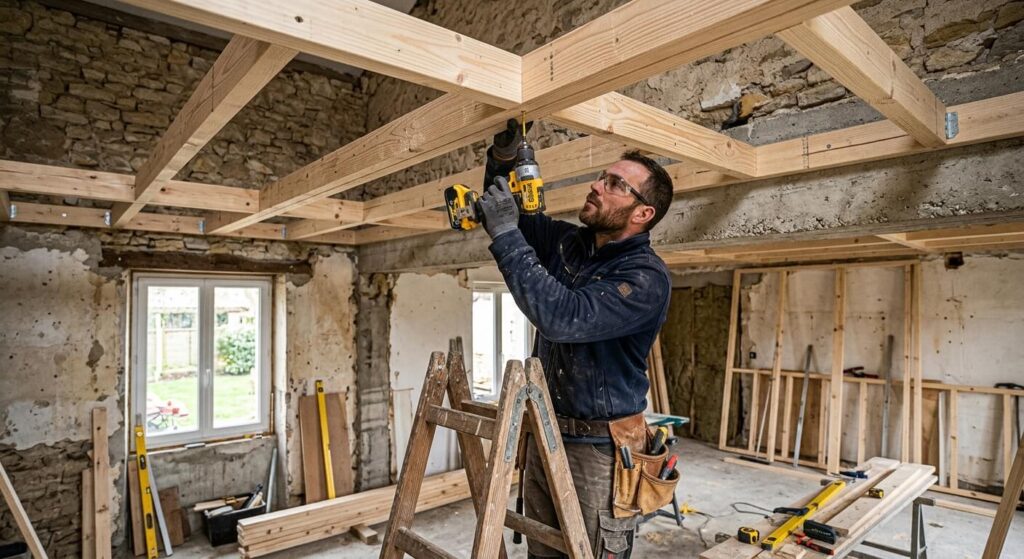 Menuisier vissant des chevrons en pin pour créer l'ossature d'un faux plafond en bois