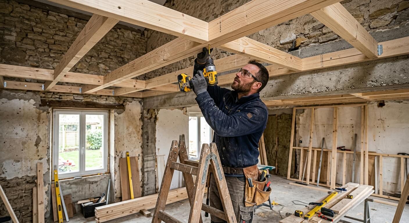 Menuisier vissant des chevrons en pin pour créer l'ossature d'un faux plafond en bois