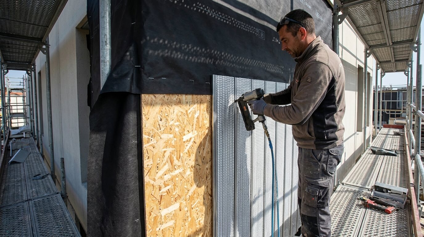 Façadier agrafant un treillis métallique type Nergalto sur un pare-pluie au-dessus d'un panneau OSB