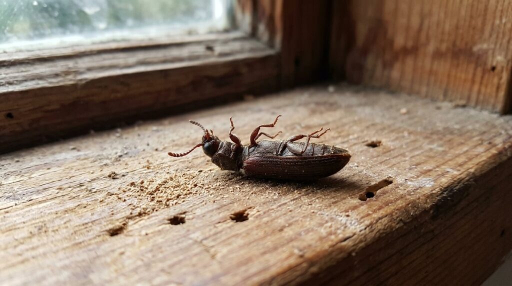 Gros plan sur un petit coléoptère xylophage, le lyctus brun, retrouvé mort sur un appui de fenêtre en bois