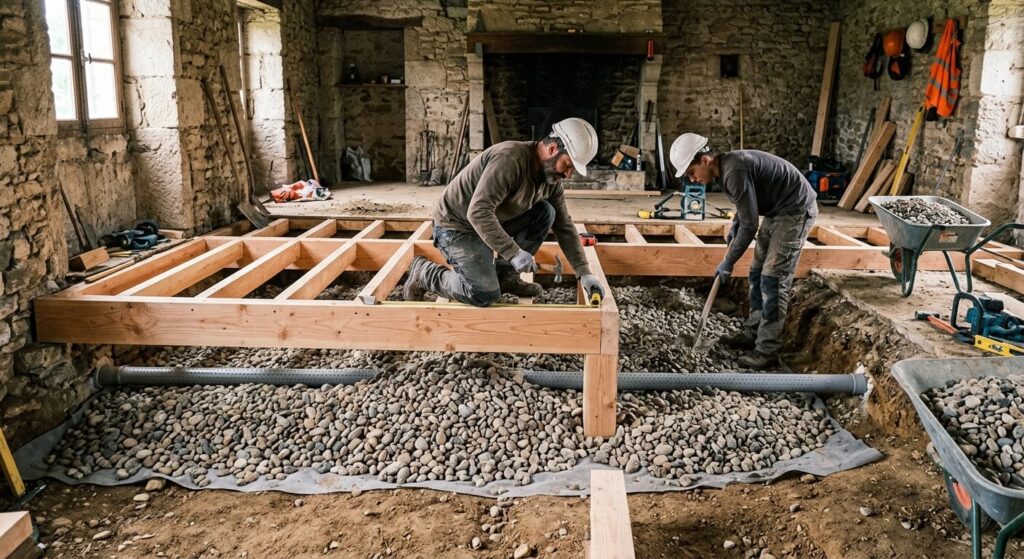 Rénovation d'un sol ancien avec la mise en place d'un hérisson en gravier ventilé sous une ossature bois