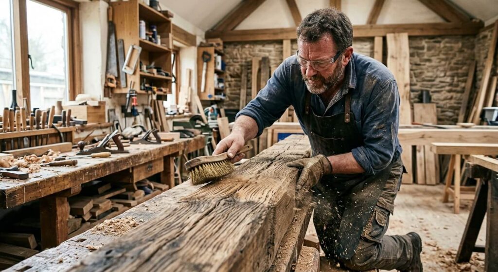 Artisan frottant vigoureusement une poutre en chêne avec une brosse en laiton pour creuser la fibre du bois