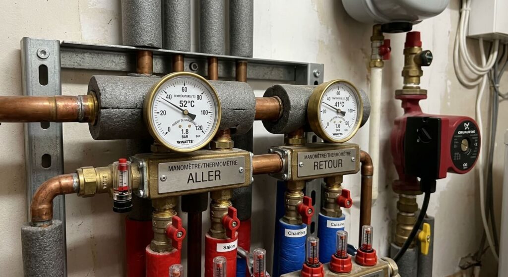 Manomètres et thermomètres affichant les températures sur le collecteur aller et retour d'un circuit de chauffage