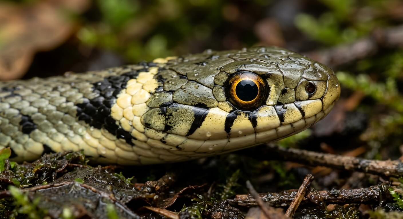 Gros plan sur la tête d'une jeune couleuvre à collier mettant en évidence sa pupille parfaitement ronde