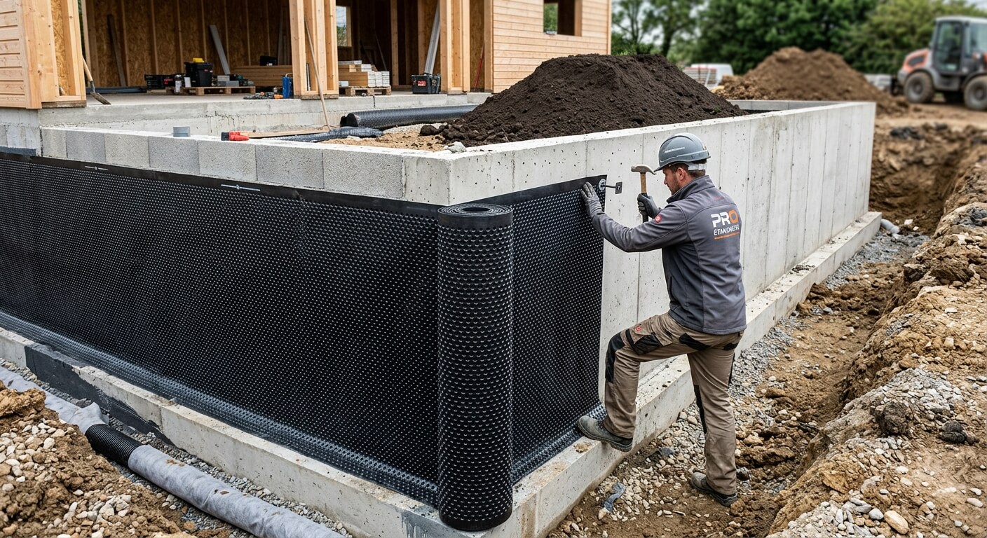 Application d'une membrane d'étanchéité alvéolée (Delta MS) pour protéger le mur avant l'apport de terre végétale