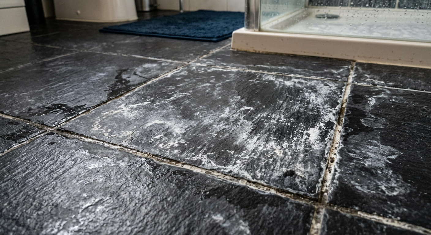 carrelage noir qui a un peu blanchi à cause du calcaire