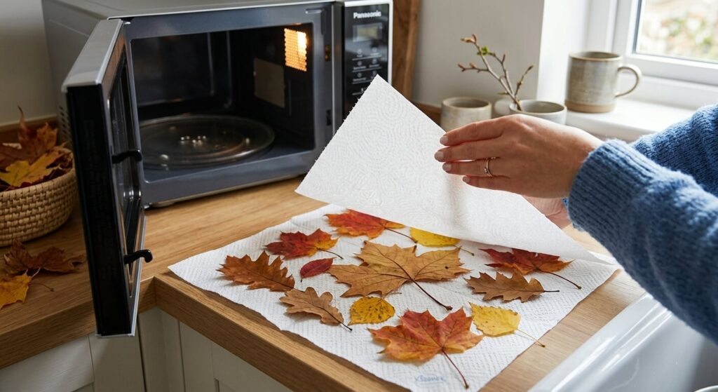 Feuilles d'automne placées entre deux feuilles de papier essuie-tout avant un passage au micro-ondes