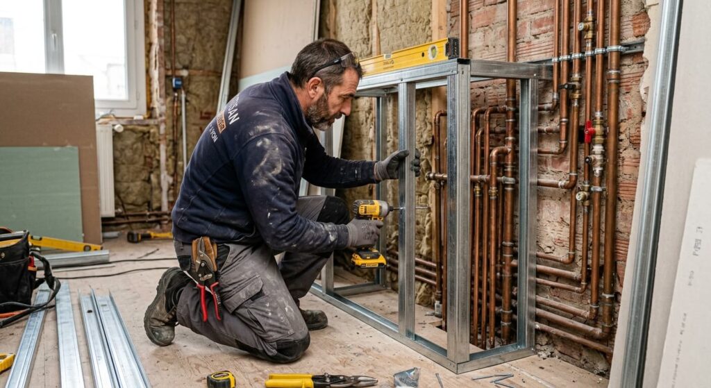 Artisan menuisier construisant une ossature métallique pour créer un coffrage en plaques de plâtre autour de tuyaux en cuivre