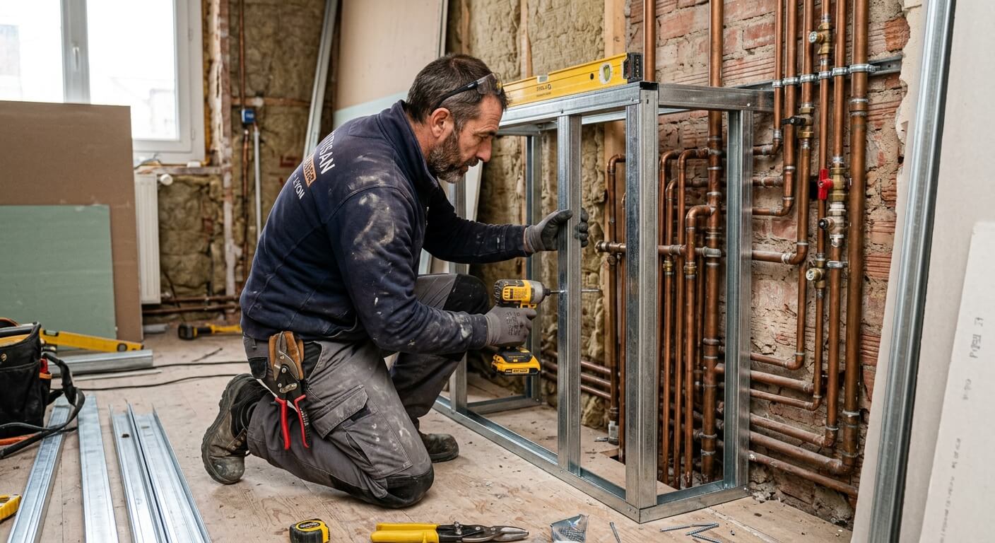 Artisan menuisier construisant une ossature métallique pour créer un coffrage en plaques de plâtre autour de tuyaux en cuivre