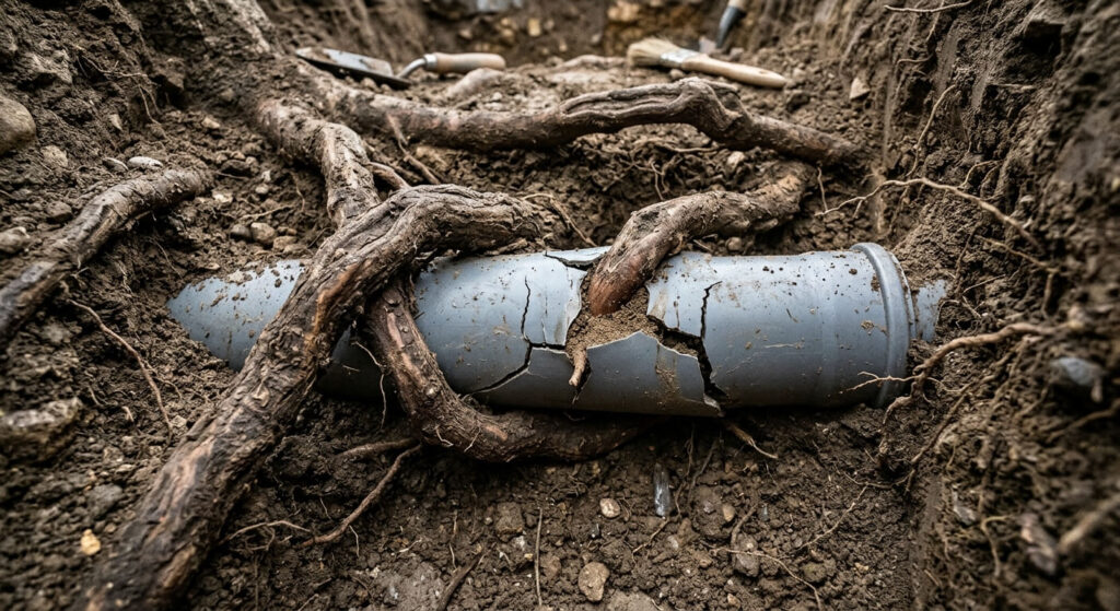 Racines d'olivier et canalisations : risques réels, distances à respecter et solutions pour protéger votre réseau 2 Épais réseau de racines d'olivier enlaçant et fissurant un tuyau d'évacuation en PVC enterré