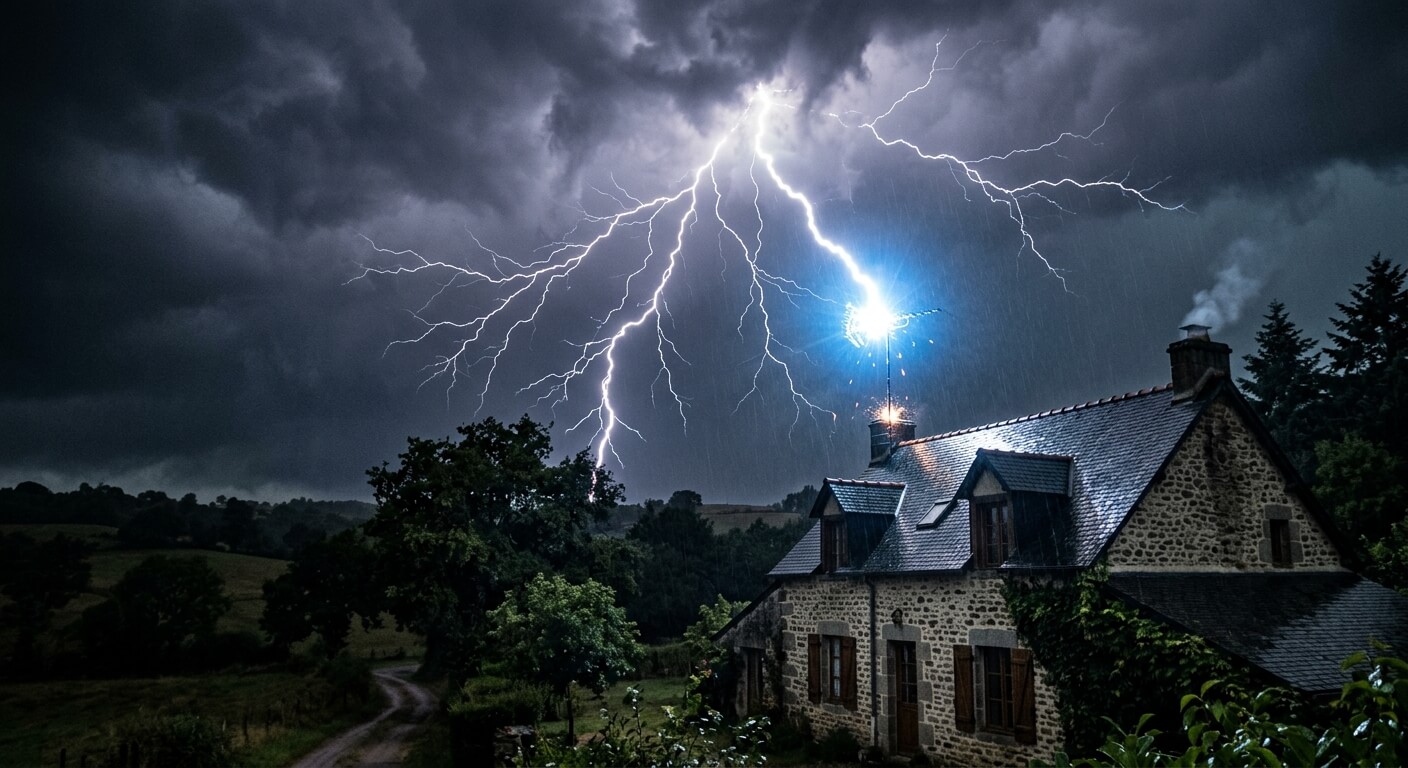 Éclair ramifié frappant directement l'antenne télévision sur le toit d'une maison de campagne pendant un orage