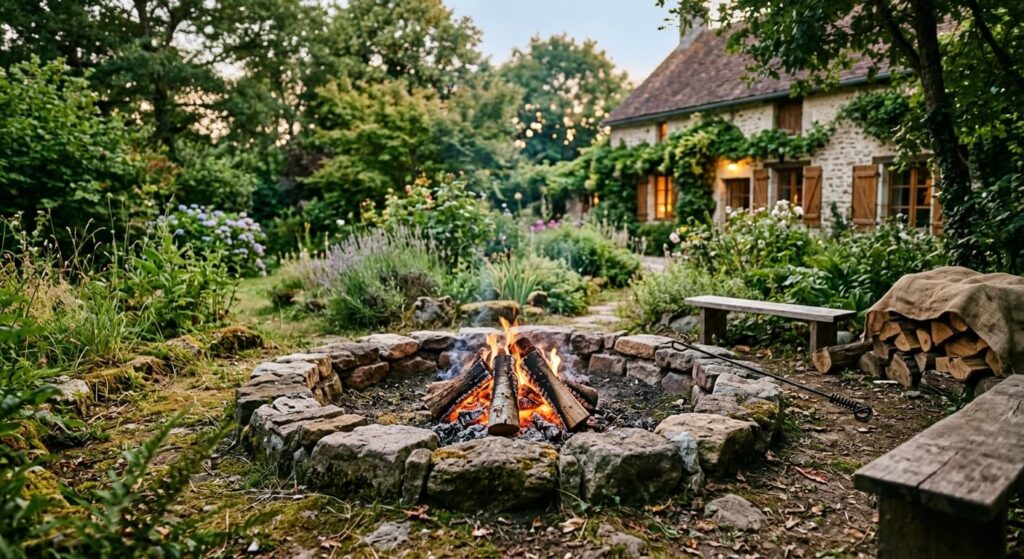 Cercle de pierres contenant un petit feu de camp traditionnel avec des bûches en bois dans le fond d'un jardin