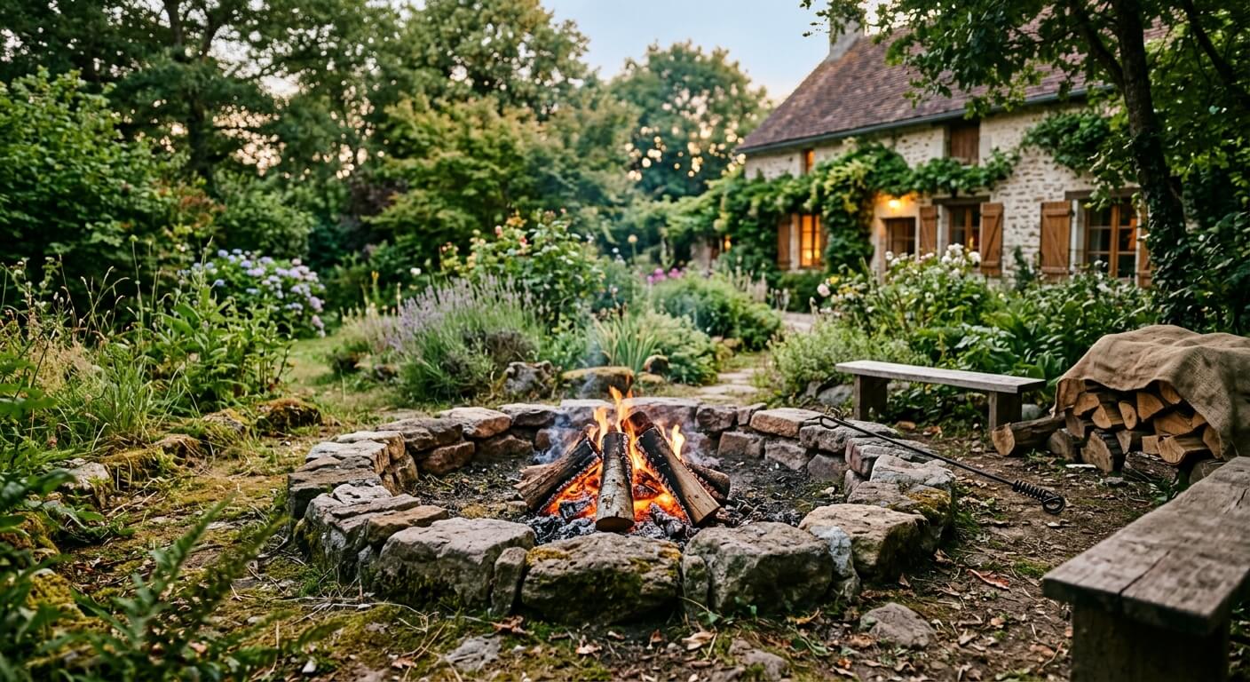 Cercle de pierres contenant un petit feu de camp traditionnel avec des bûches en bois dans le fond d'un jardin