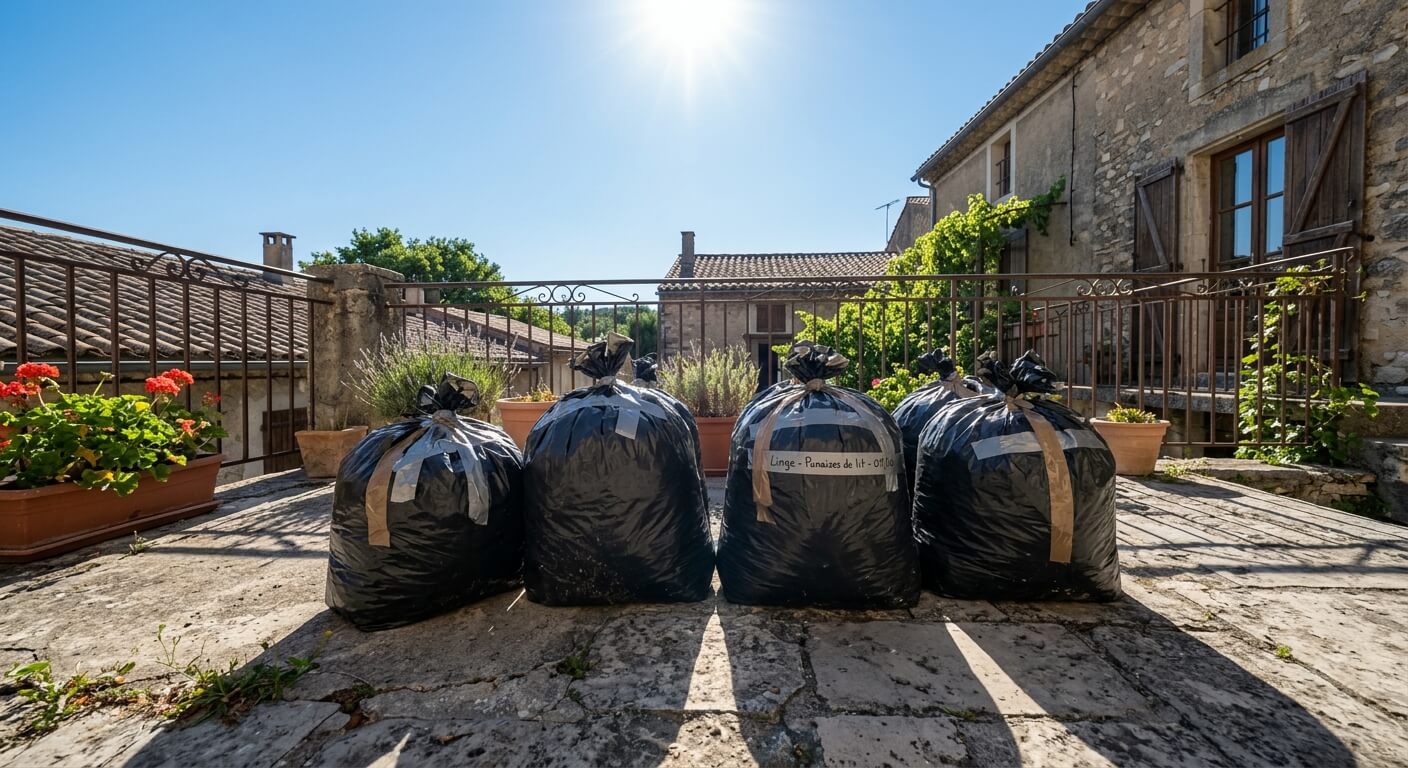 Sacs poubelles noirs scellés exposés en plein soleil sur une terrasse pour éliminer les punaises de lit par la chaleur.