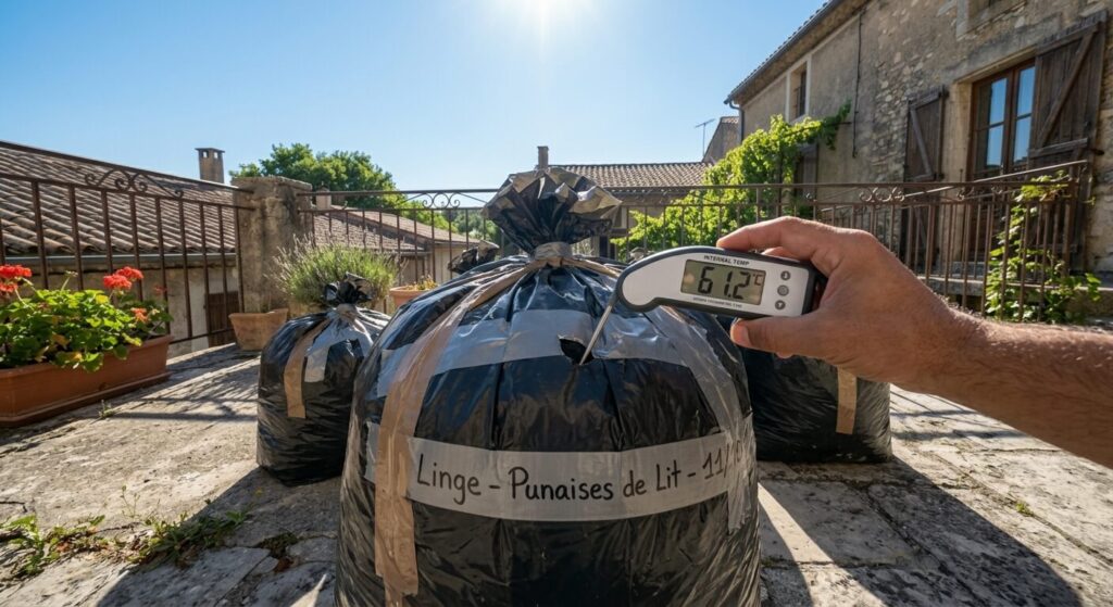 Thermomètre à sonde mesurant la température interne d'un sac plastique noir exposé au soleil pour détruire les parasites.