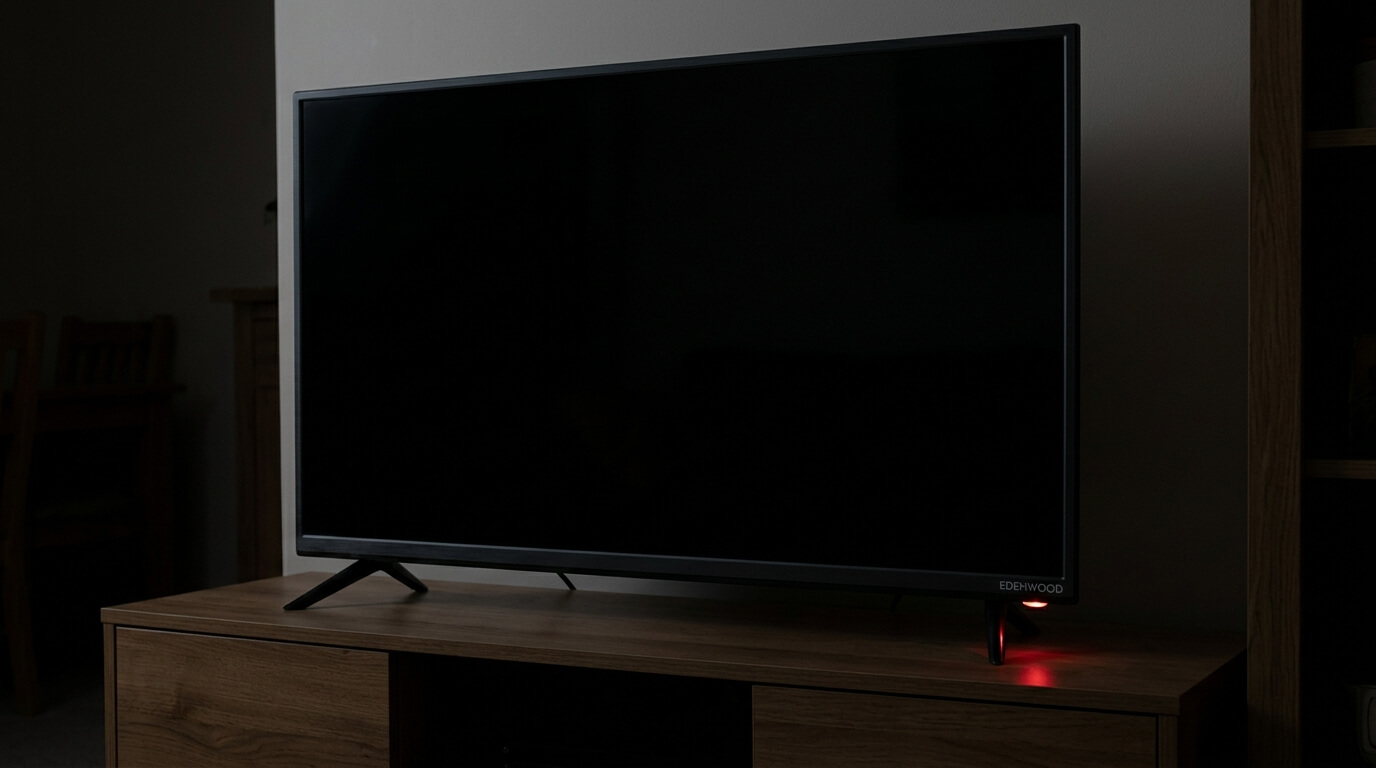 Téléviseur Edenwood affichant un écran noir tandis que la LED de veille reste allumée en rouge fixe.
