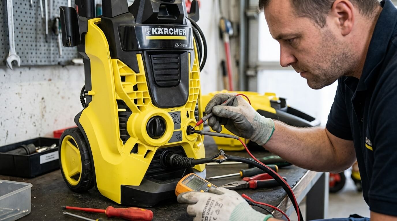 Inspection du bouton interrupteur et du câble d'alimentation sur un nettoyeur Kärcher K5 en panne.