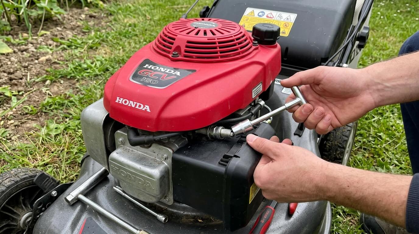 Démontage de la bougie d'allumage sur le moteur thermique d'une tondeuse à gazon Honda.