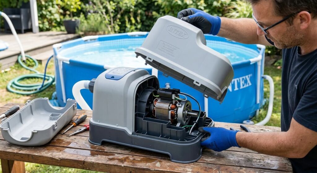 Comment changer le roulement d'une pompe de piscine intex ? 2 Ouverture de la carcasse en plastique d'un épurateur de piscine Intex pour accéder au moteur.