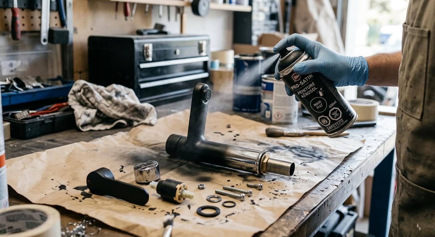 Application d'une peinture aérosol noire mate sur un mitigeur de lavabo préalablement démonté.