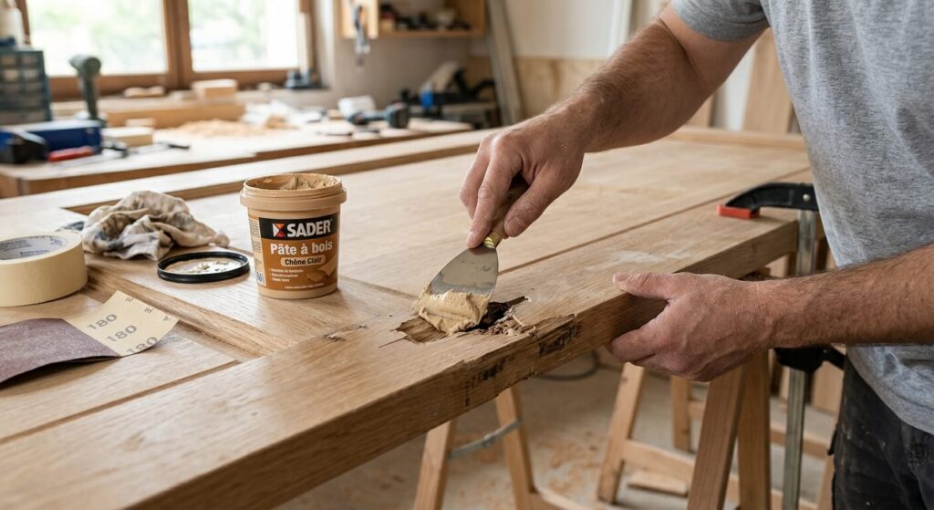 Application de pâte à bois à la spatule pour combler un enfoncement sur une porte.