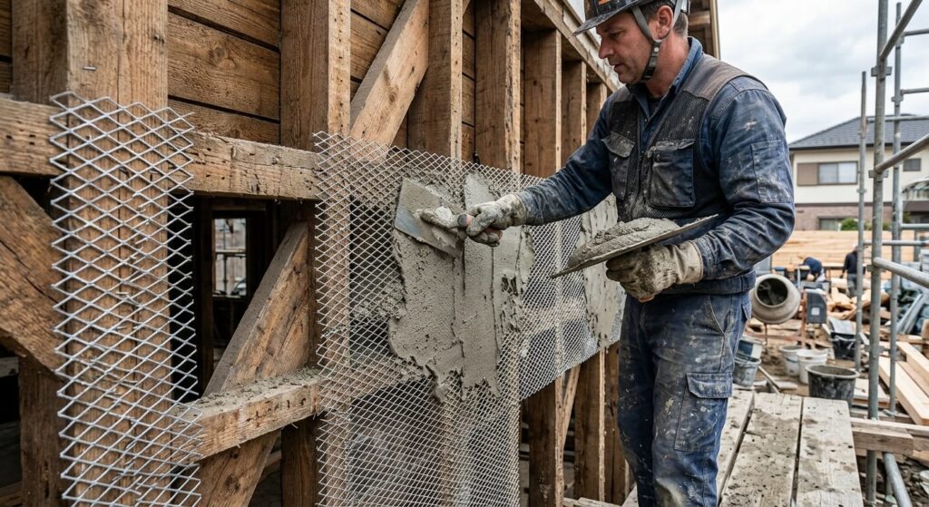 Application d'un mortier de ciment sur un lattis métallique recouvrant une structure en bois.