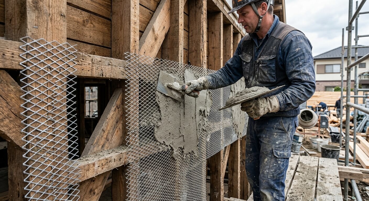 Application d'un mortier de ciment sur un lattis métallique recouvrant une structure en bois.