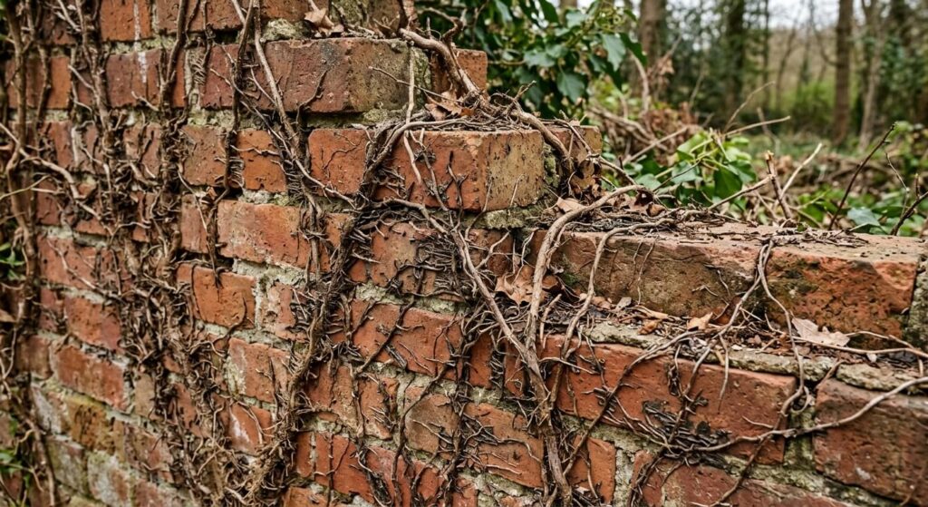Mur en briques avec des résidus de racines et de crampons de lierre après la coupe des branches.