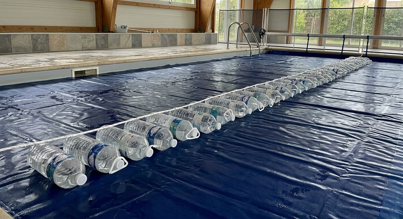Ligne de bouteilles en plastique lestées flottant à la surface d'une piscine couverte d'une bâche.