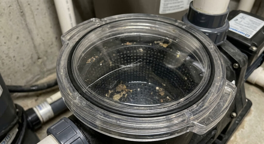 Micro-fissure visible sur le plastique transparent d'un couvercle de préfiltre de pompe de piscine.