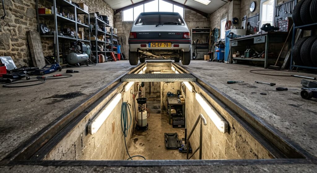 Vue d'ensemble d'une fosse de mécanique maçonnée et éclairée dans un garage automobile privatif.
