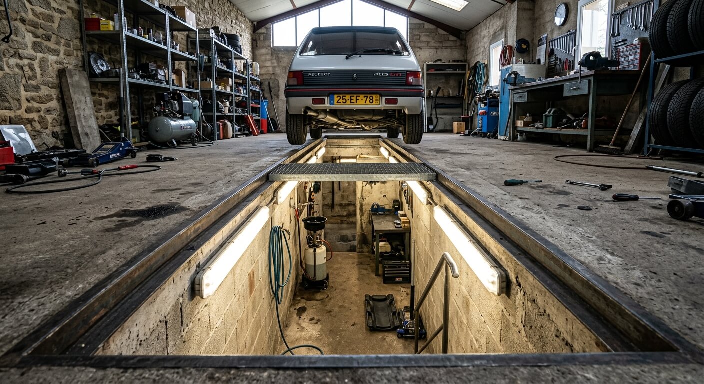 Vue d'ensemble d'une fosse de mécanique maçonnée et éclairée dans un garage automobile privatif.