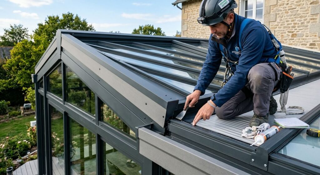 Inspection des joints d'étanchéité sur la toiture en aluminium d'une véranda moderne.