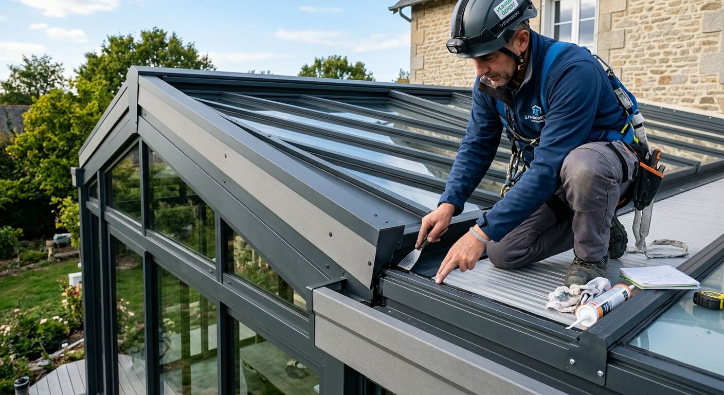 Inspection des joints d'étanchéité sur la toiture en aluminium d'une véranda moderne.