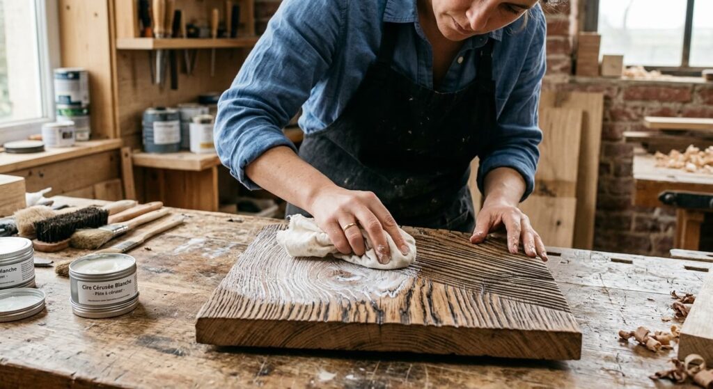 Application de pâte à céruser blanche au chiffon de coton sur les nervures creusées d'une pièce de bois