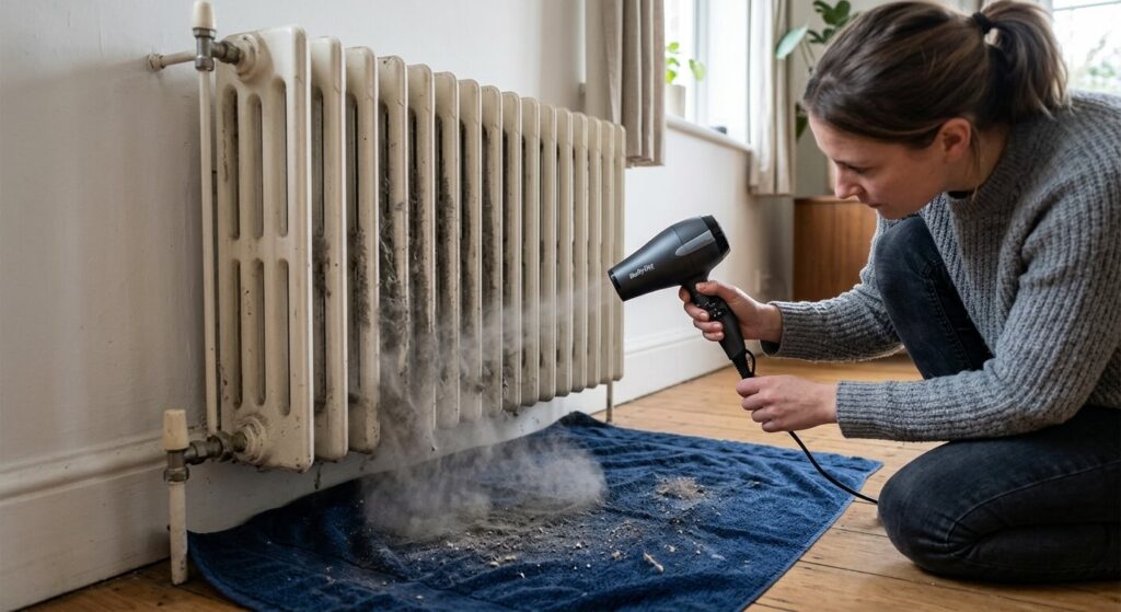 Technique du sèche-cheveux soufflant la poussière accumulée derrière un radiateur sur un linge humide posé au sol.