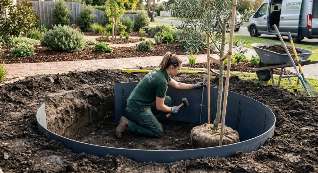 Racines d'olivier et canalisations : risques réels, distances à respecter et solutions pour protéger votre réseau 3 Paysagiste installant un film géotextile rigide anti-racines dans la fosse de plantation d'un jeune arbre