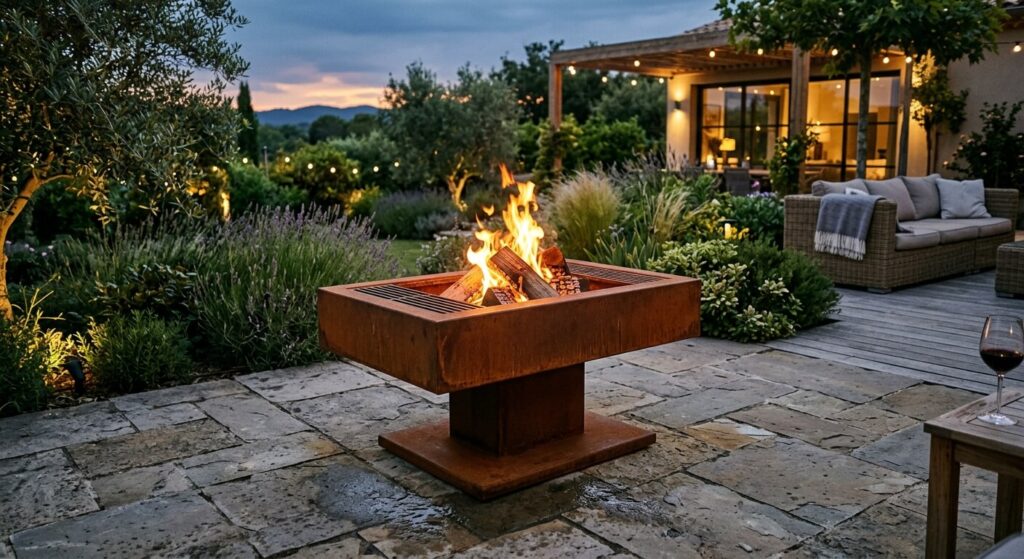 Brasero design en acier corten sur pied, allumé en toute sécurité sur une terrasse en dalles de pierre