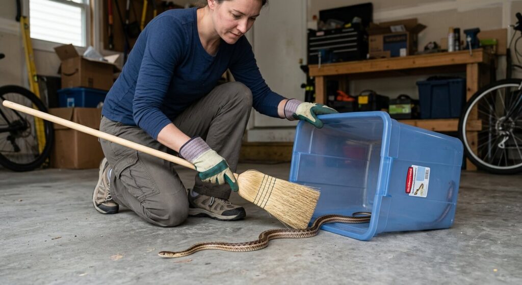 Utilisation sécurisée d'un balai souple et d'un bac en plastique pour capturer un petit serpent sans le blesser