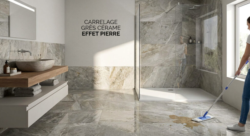 Carrelage en grès cérame effet pierre naturelle installé dans une salle de bain, alliant esthétique minérale et facilité d'entretien.