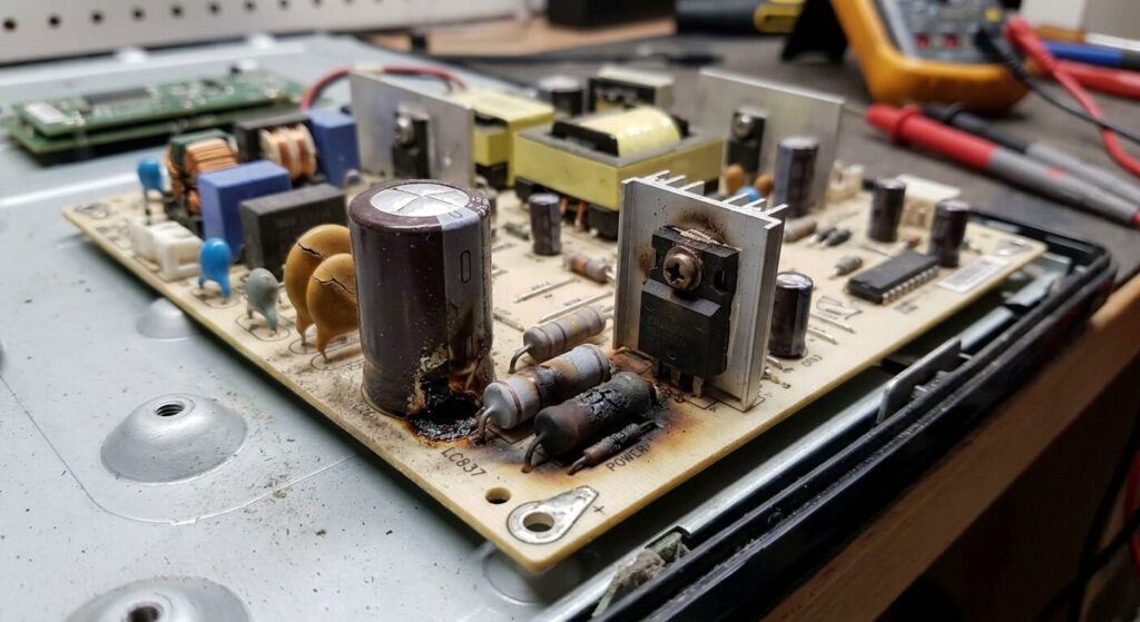 TV Edenwood écran noir voyant rouge allumé, que faire ? 3 Composants électroniques défectueux sur la carte d'alimentation interne d'un téléviseur LCD.