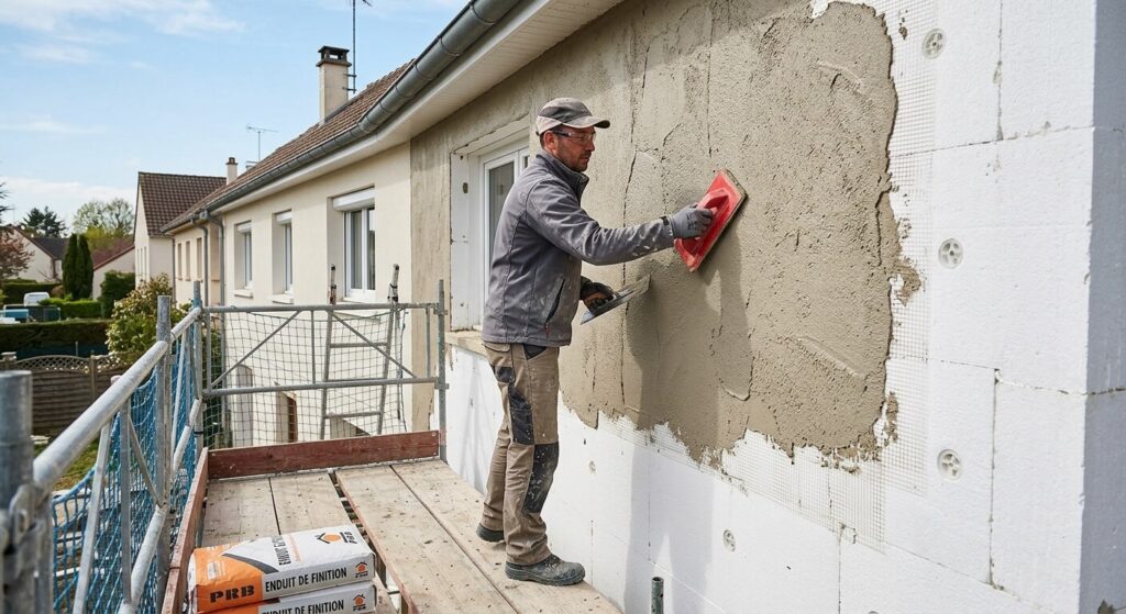 Travaux d'isolation par l'extérieur (ITE) sur les murs d'une maison individuelle avec un échafaudage.