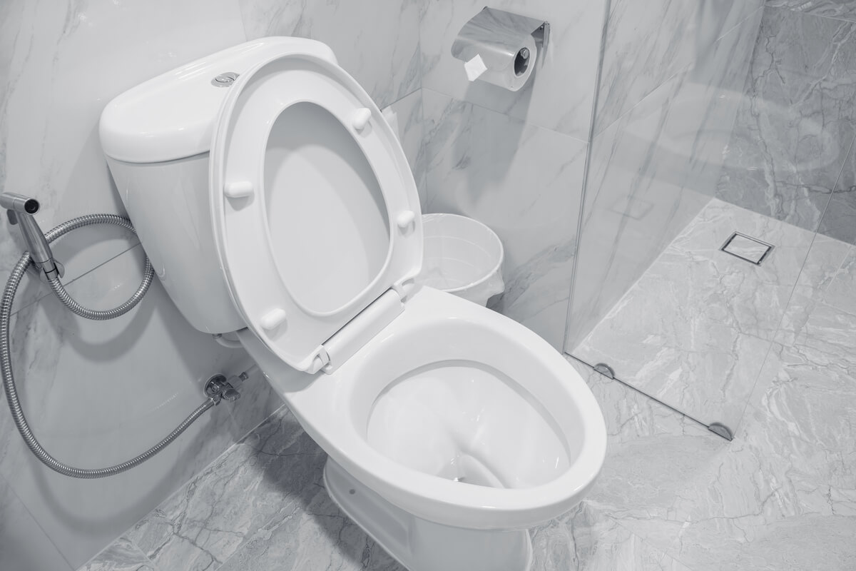 Eau stagnante s'écoulant au niveau du joint de fixation d'un WC au sol en carrelage.